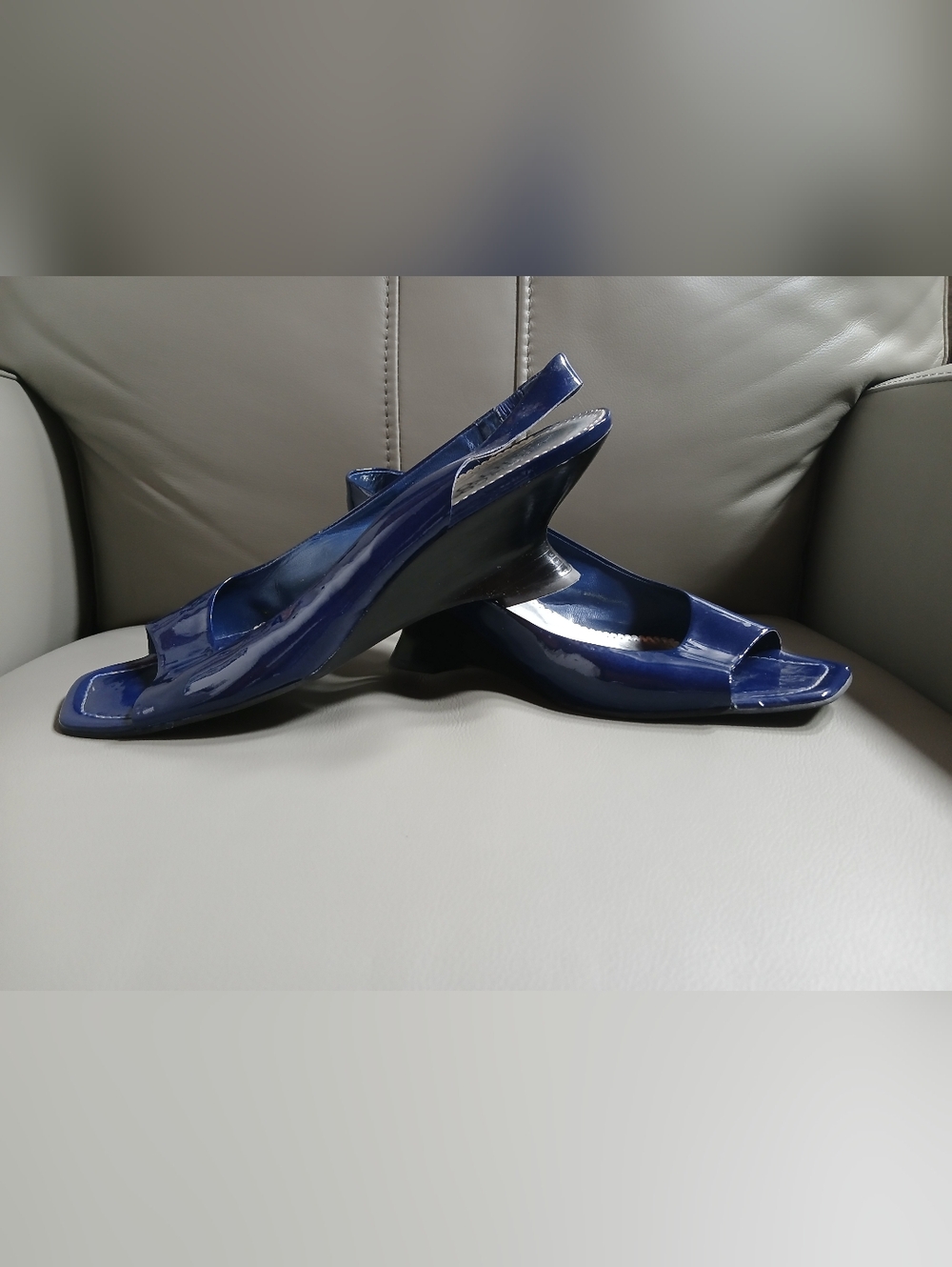 Franco Sarto Blue Patent Leather Peep Toe Slingback Sandal Pumps